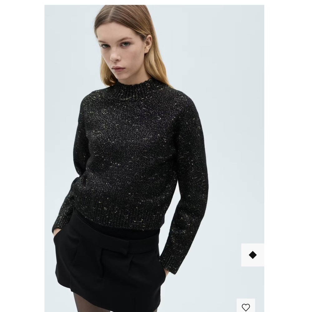 MNG Black White Marled Metallic Knit Mock Neck Sweater Women's Medium Chunky
